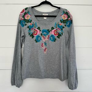 Sundance Women’s Gray Large Embroidered Long Sleeve Tee Blouse